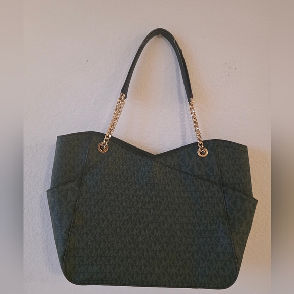Michael Kors Dark Green Logo Chain-Handle Tote Jet Set Travel Large Signature - Picture 4 of 11